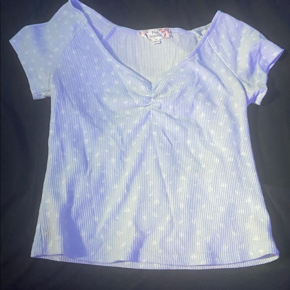 Pink Republic light blue Ribbed Short Sleeve Top with Front Gather.